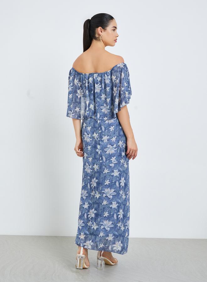 Styli Women Blue Floral Cape Sleeve Sheath Maxi Dress - Image 4